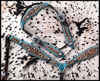 Showman Hair on Cheetah with metallic teal accent browband headstall and breast collar set with beads and engraved conchos and hardware #2